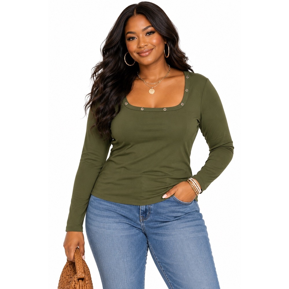 Frankee & Skylarr Olive Green Grommet Square Neck Long Sleeve Top Large